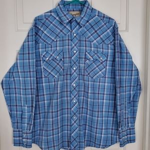 Wrangler Retro blue plaid Western Cowboy pearl snap front shirt large